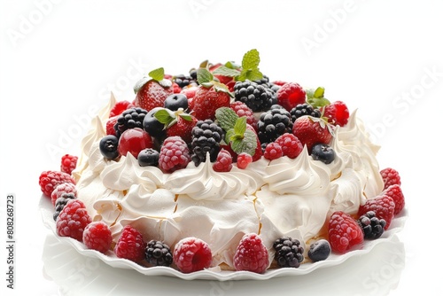 A delicious pavlova cake topped with whipped cream and a vibrant assortment of fresh berries 