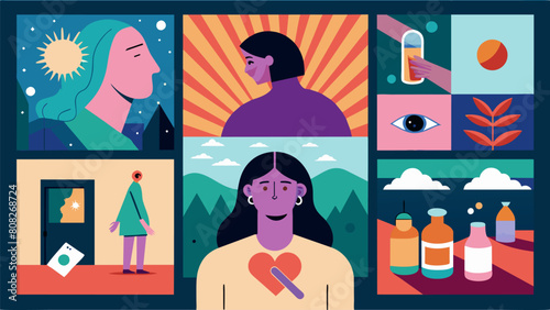 A collage of photographs drawings and written expressions displayed in a gallery showcasing the powerful and healing art created during.