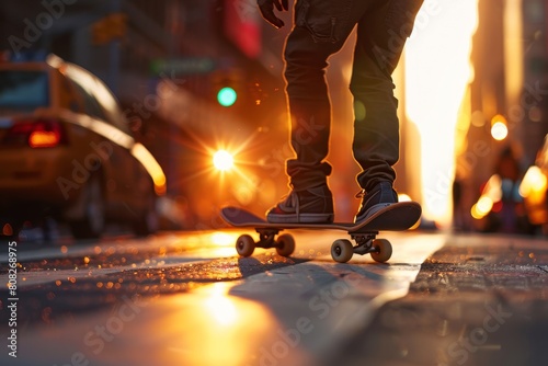 close up of man legs playing skateboard on bokeh style background