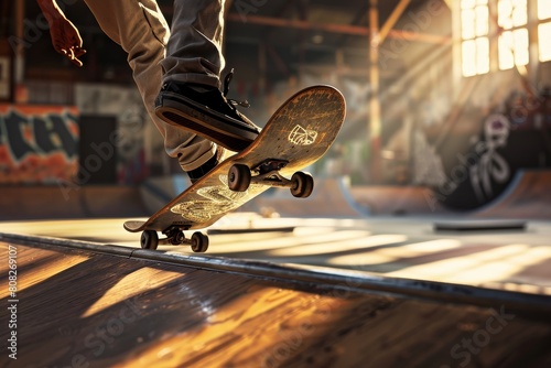 close up of man legs playing skateboard in the ramp skateboard on bokeh style background