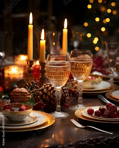 Festive table setting for Christmas and New Year dinner. Festive dinner table with candles.