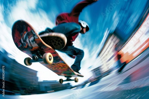 close up of man legs playing skateboard in the ramp skateboard on bokeh style background