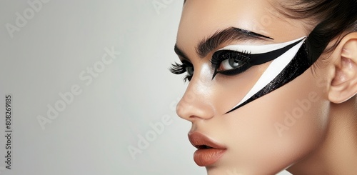 a model with black and white painting in her right side eye and face