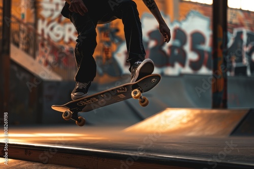 close up of man legs playing skateboard in the ramp skateboard on bokeh style background