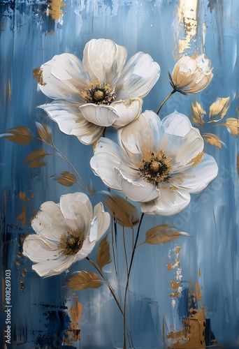 white flowers blue background gold leaves princess staples thick impasto paint tall drip oil metal