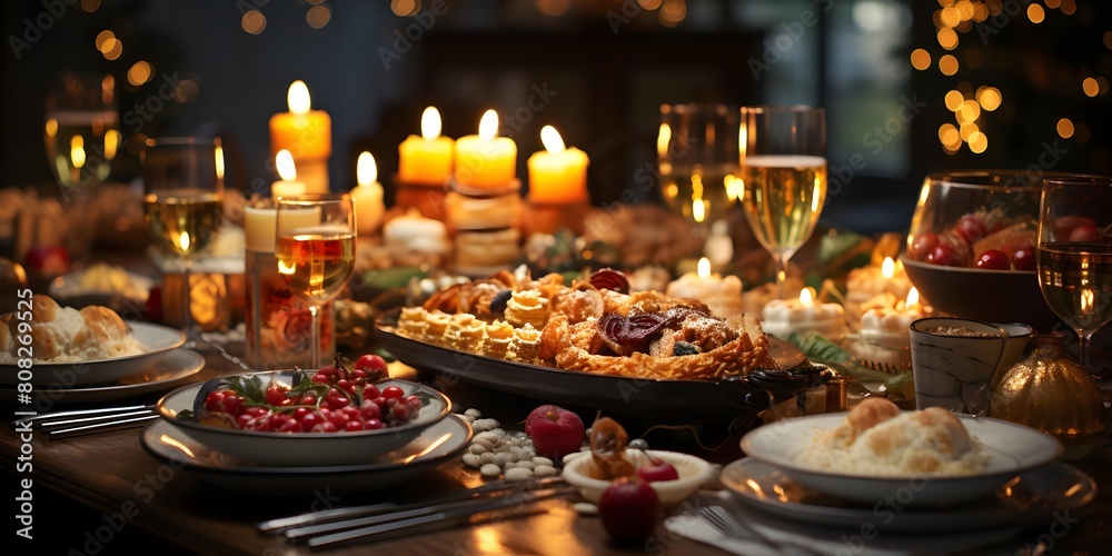 Table with food and wine for christmas dinner. Selective focus.
