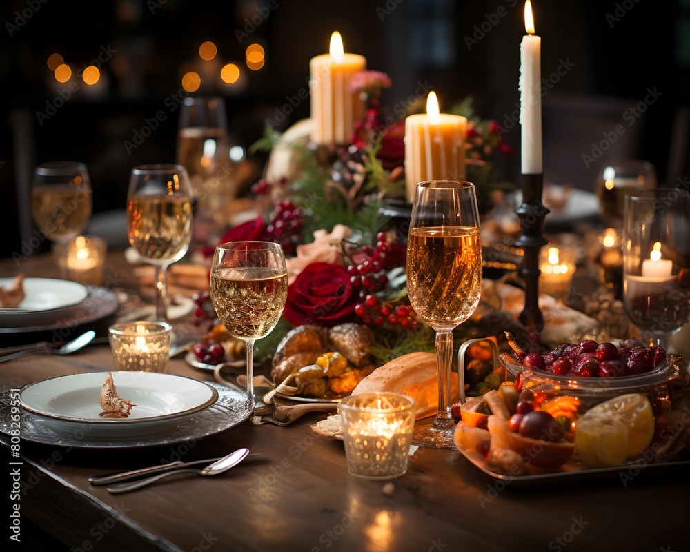 Beautiful table setting for Christmas or New Year dinner in restaurant. Festive table decoration with candles, wine glasses and cutlery. Selective focus