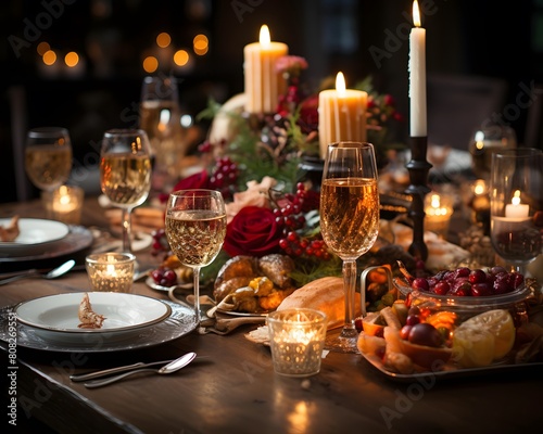 Beautiful table setting for Christmas or New Year dinner in restaurant. Festive table decoration with candles  wine glasses and cutlery. Selective focus