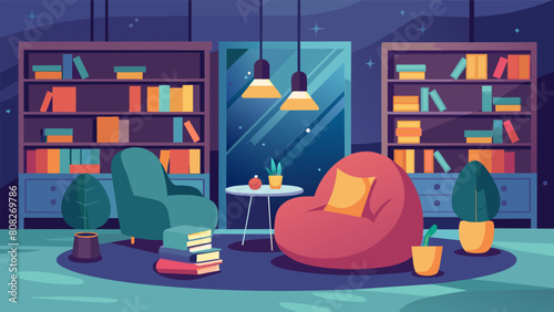 A cozy nook in the office library filled with plush bean bags and soft lighting for employees to relax and take a mental break from work tasks. Vector illustration