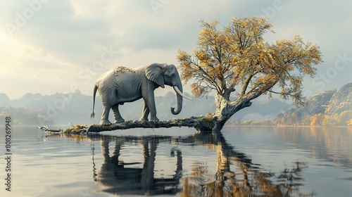 Elephant stands on thin branch of withered tree in surreal landscape.