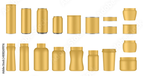 Set of gold tin cans and jars. Coffee or tea canister. Tin can for preserves or pet food. Beer, cocktail or soda can. Chips tube. Cookie jar. Round box for sugar or flour