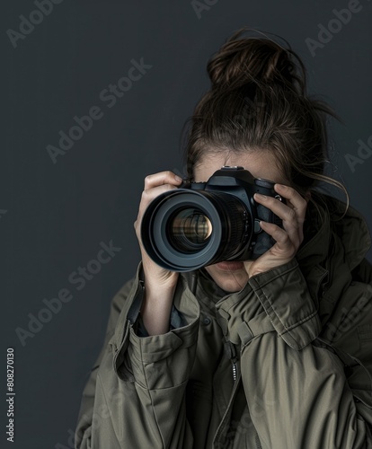 A female photographer capturing a moment with a professional DSLR and zoom lens on dark gray background