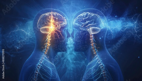 glowing sympathetic human nervous system of two person facing each other on dark blue background photo