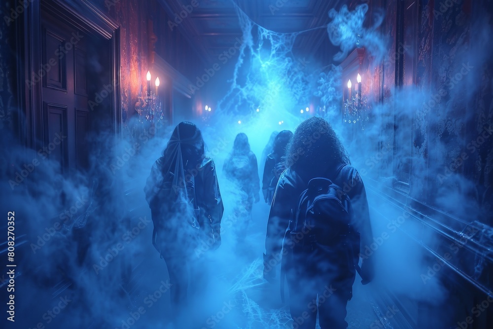 Silhouetted figures journey through a misty corridor lined with ghostly white spider webs and blue ethereal lights Silhouetted figures journey through a misty corridor lined with ghostly white spider webs and blue ethereal lights