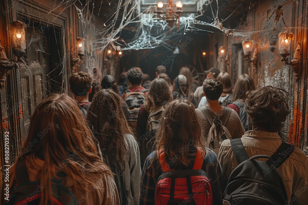 A Halloween adventure with tourists cautiously walking through a web-filled hallway, creating an atmosphere of suspense and excitement