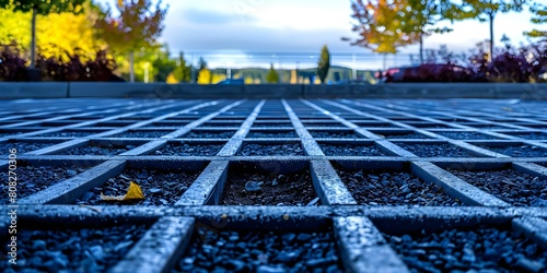 New parking lot with porous concrete tiles and gravelfilled square grid holes. Concept Sustainable Infrastructure, Permeable Paving, Green Parking Lots, Eco-Friendly Design