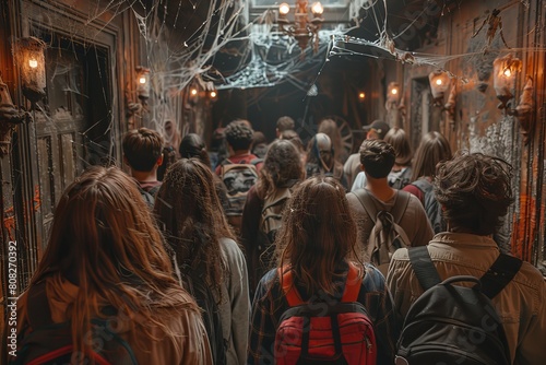 A Halloween adventure with tourists cautiously walking through a web-filled hallway, creating an atmosphere of suspense and excitement