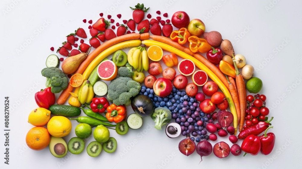 a rainbow display of colorful fruits and vegetables meticulously arranged in perfect harmony, celebrating the diversity and richness of the earth's offerings.