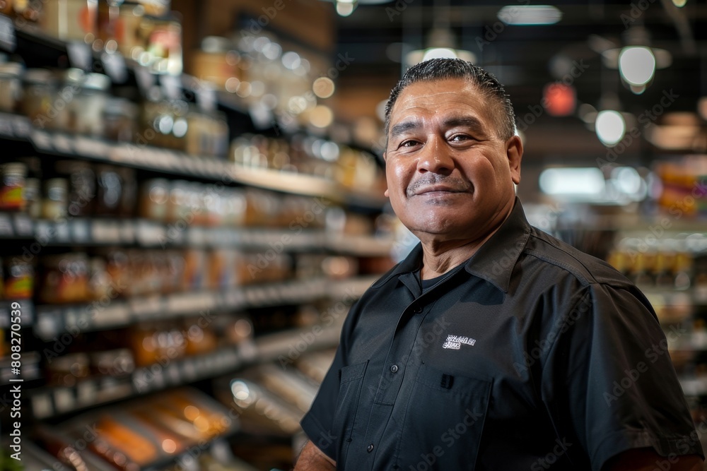 asian salesman employee in convenience store on bokeh style background