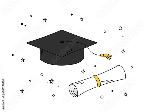 Graduation cap and diploma scroll doodles vector set. Illustrations of isolated outline square academic cap, mortarboard, graduate certificate. High school, college, academy graduation symbols