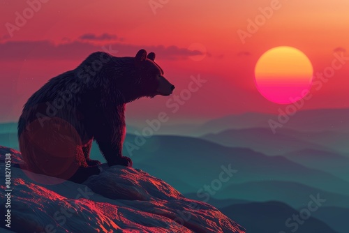 grizzly bear standing on the cliff and the sunset background