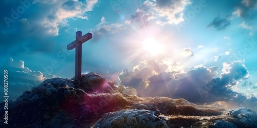 Symbolizing Jesus' Resurrection: Sunlight on a Cross on a Mountain. Concept Religious Photography, Easter Celebrations, Symbolism in Art, Spiritual Reflection photo