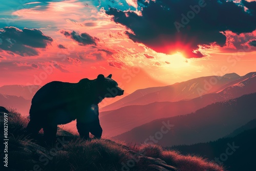 grizzly bear standing on the cliff and the sunset background