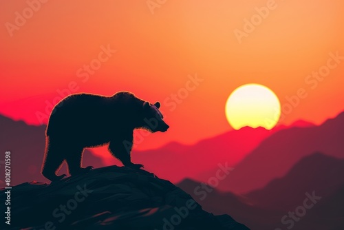 grizzly bear standing on the cliff and the sunset background