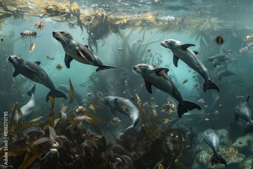 A lush kelp forest underwater scene featuring sea otters swimming among swaying seaweed and diverse marine life, representing biodiversity. International Day for Biological Diversity