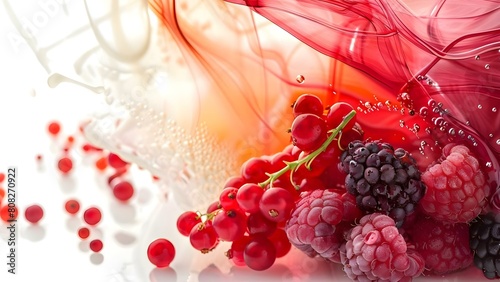 Exotic fruits and berries mixed in a colorful explosion of juices. Concept Exotic Fruits, Colorful Berries, Juice Explosion, Vibrant Flavors, Tropical Delights photo