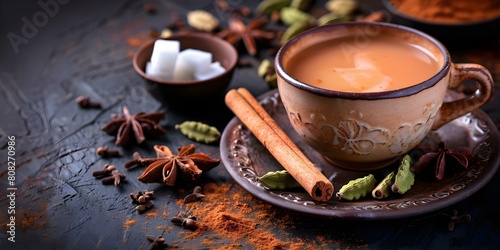 Indian Masala Chai with Cinnamon, Cardamom, Star Anise, Sugar, and More. Concept Spices, Chai Tea, International Cuisine, Tea Culture photo