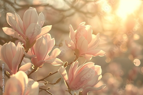 Bright pink magnolia flowers in sunlight blooming on branches in the sun's rays