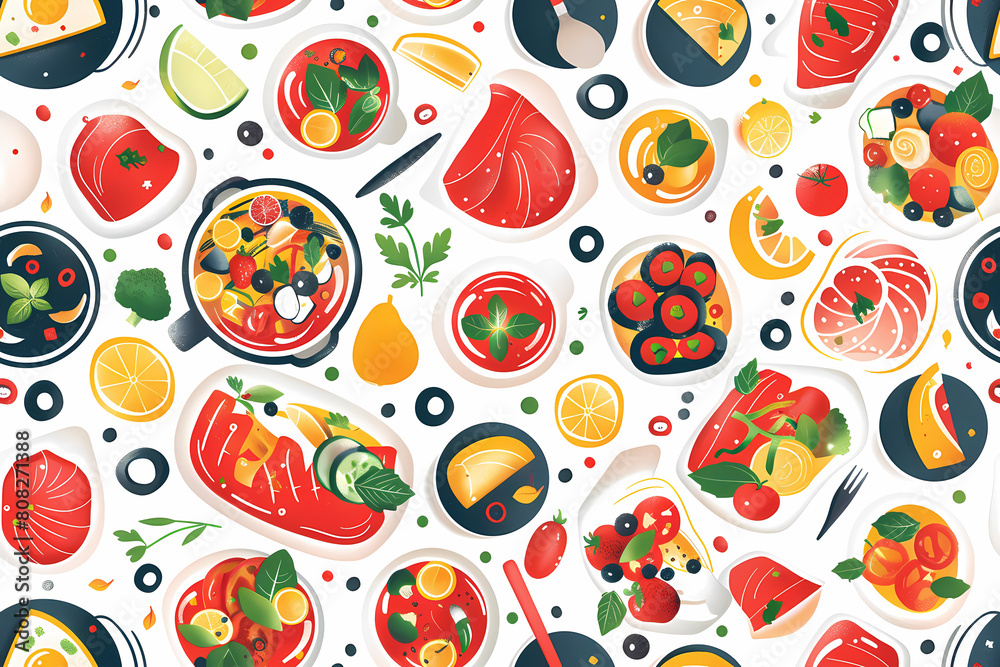 Seamless pattern with fresh vegetables, fruits, fish, meat and fish. Seamless pattern with fresh vegetables, fruits, fish, meat and fish.