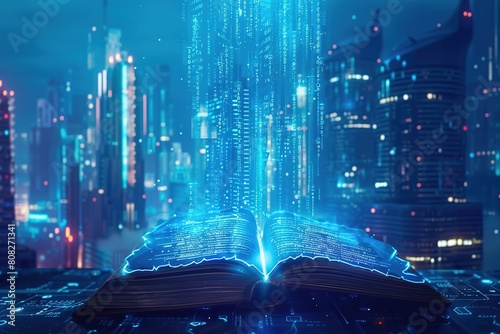 An open book with a bright glowing programming code against the backdrop of a blurry city.