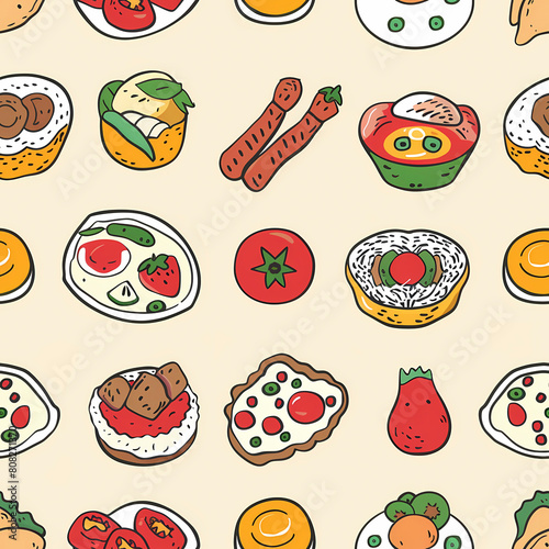 Seamless pattern with hand drawn doodle food. Vector illustration.