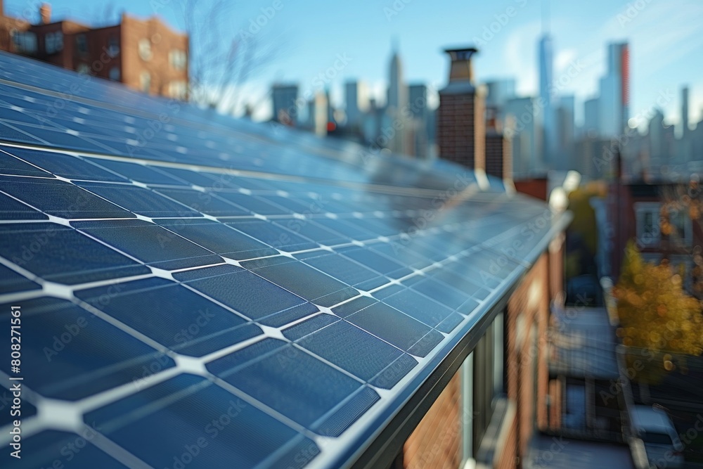 Fototapeta premium Selective focus on the slope of solar panels with an out-of-focus modern city horizon in the distance