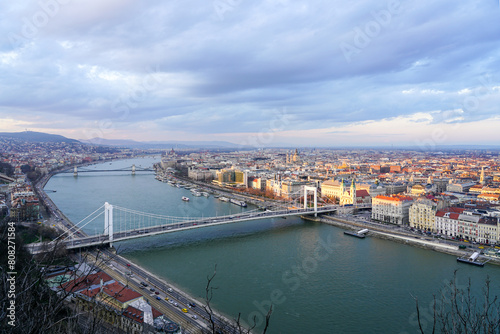 Beautiful Budapest panorama with Danube river with bridges from Gellert Hill, scenic Budapest view photo