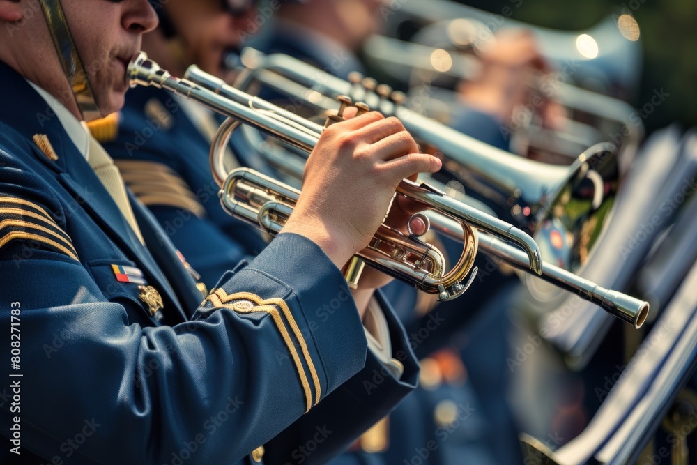 Obraz premium A military band in uniform performing patriotic tunes during a public ceremony, with a focus on trumpeters and their precise coordination.