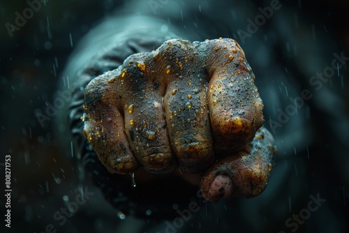 This image captures a detailed close-up of a clenched fist covered in mud, emphasizing strength and perseverance