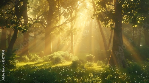 Lose yourself in the tranquility of a sun-dappled forest glade  where shafts of golden light filter through the canopy  casting enchanting patterns on the forest floor below.