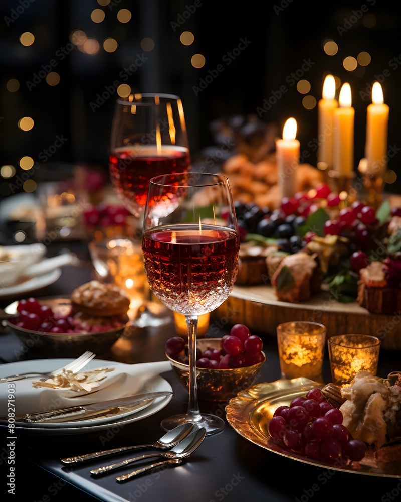 Festive table setting for a holiday or wedding dinner. Glasses of red wine on the table.