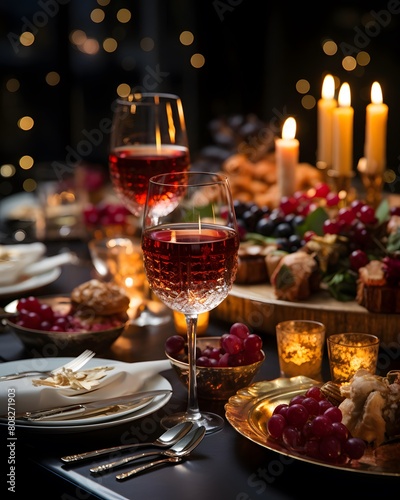 Festive table setting for a holiday or wedding dinner. Glasses of red wine on the table.
