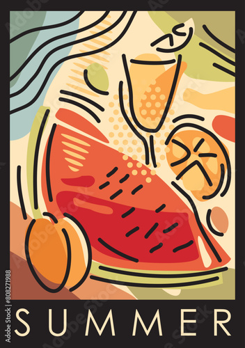 Still life illustration with summer fruits and glass of juice. Watermelon artistic vector graphic. Seasonal summer banner design.