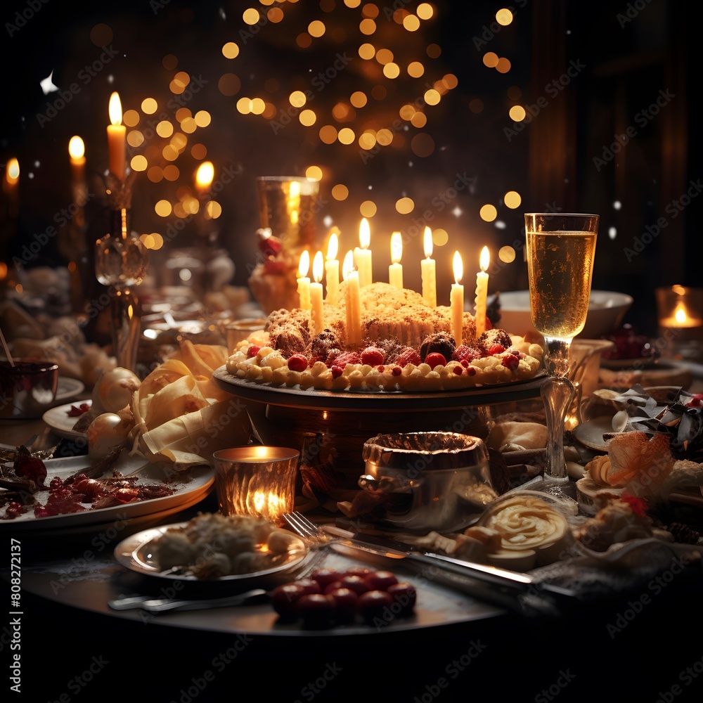 Festive table with sweets, candlesticks and candles. Selective focus.