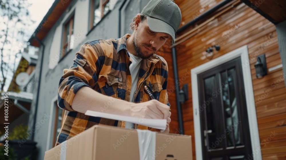 Courier with set of carton box and delivery receipt signing