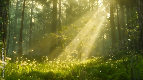 Lose yourself in the tranquil beauty of a sunlit forest clearing  where beams of golden light filter through the trees  illuminating the lush greenery below.