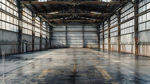 Industrial building interior with concrete floor metal walls and empty space. Concept Industrial Architecture  Interior Design  Concrete Flooring  Metal Walls  Empty Space