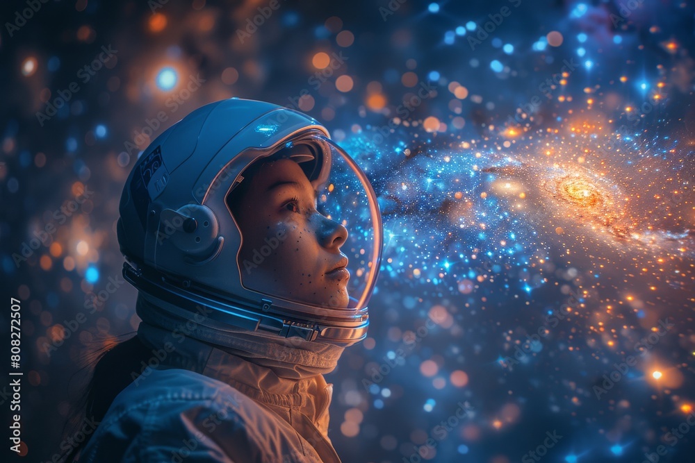 An astronaut's visor captures the mesmerizing reflections of distant galaxies and orbs of light in space An astronaut's visor captures the mesmerizing reflections of distant galaxies and orbs of light in space