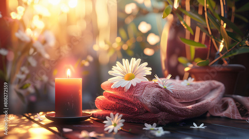 Serene spa setting with candle towels and daisy amid