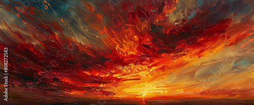 Ribbons of fiery orange and crimson red streaking across the canvas, capturing the essence of a blazing sunset on a summer evening. photo